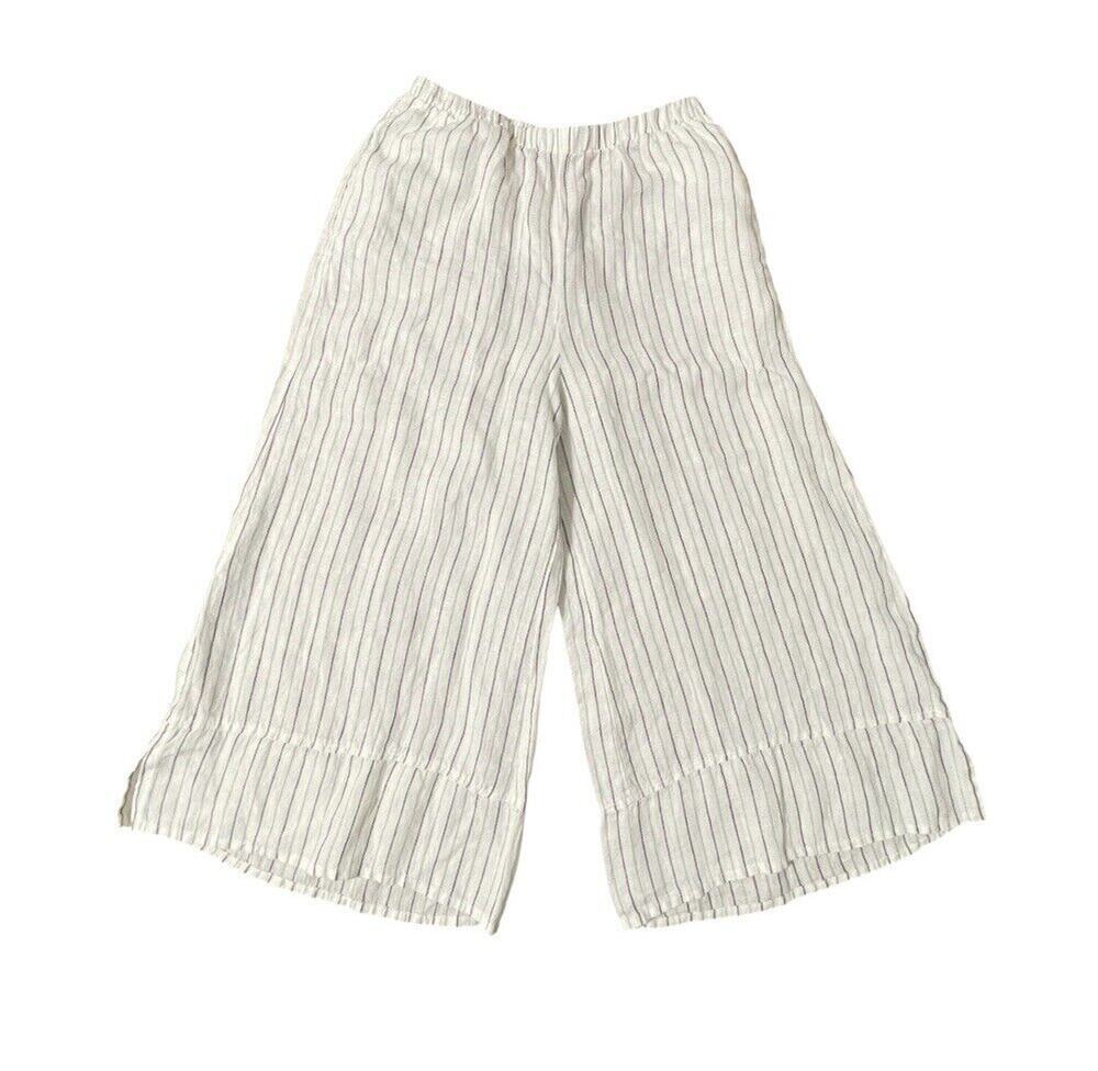 FLAX Balloon Wide Leg Cropped 100% Linen Pants Lagenlook P(4-6) White Women